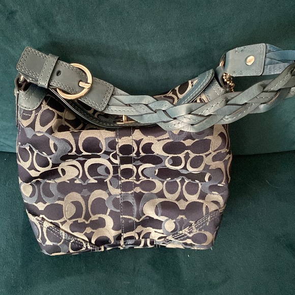 Coach bag, beautiful, blues, navy light, blue turquoise, colored, braided handle - Picture 3 of 5